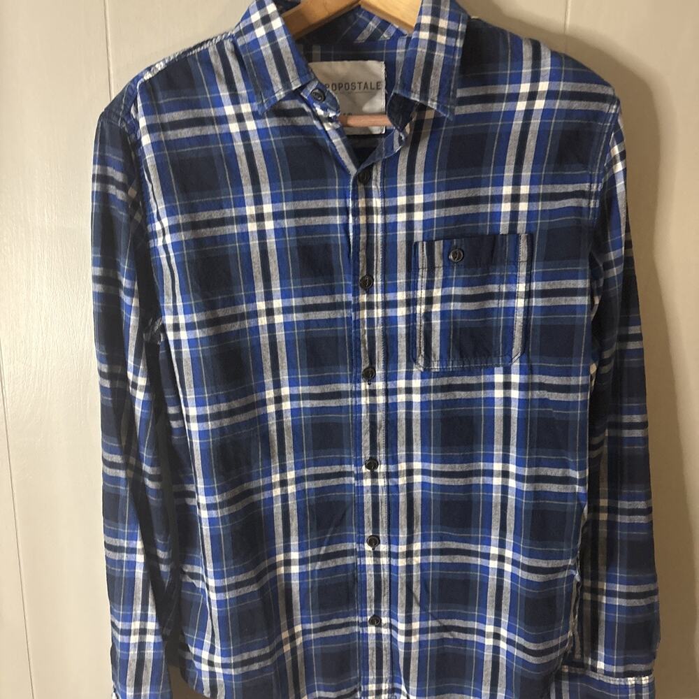 Aeropostale Button-Up Shirt Men's S Blue Plaid Long Sleeve Spread Collar Cotton